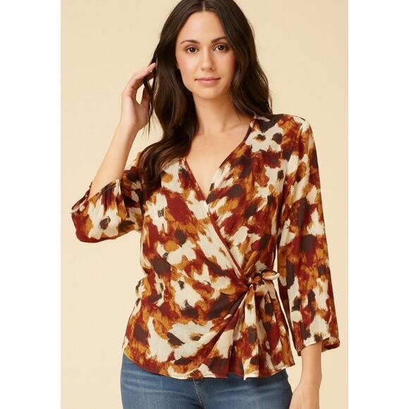 J. Jill wrap top blouse brown water color floral 3/4 sleeve silk blend LG Tall - Picture 1 of 10